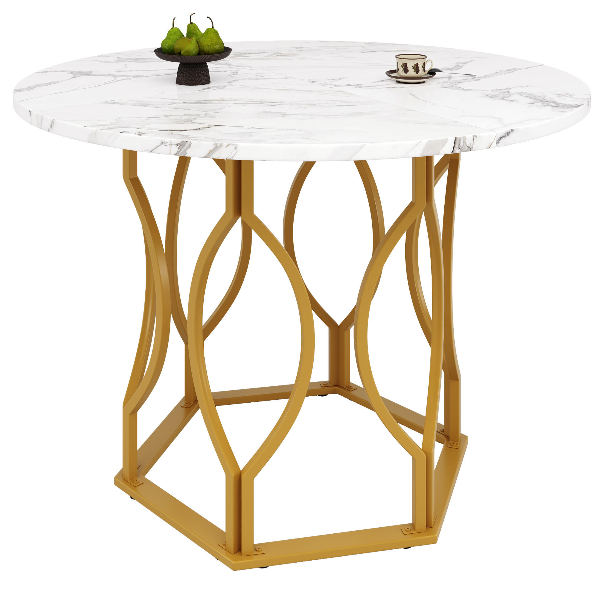 ESSTISCH 100/100/76 cm rund in Weiß mit Marmoroptik und goldfarbenem Gestell - Goldfarben, Holzwerkstoff (100/100/76cm) - Flora Grace
