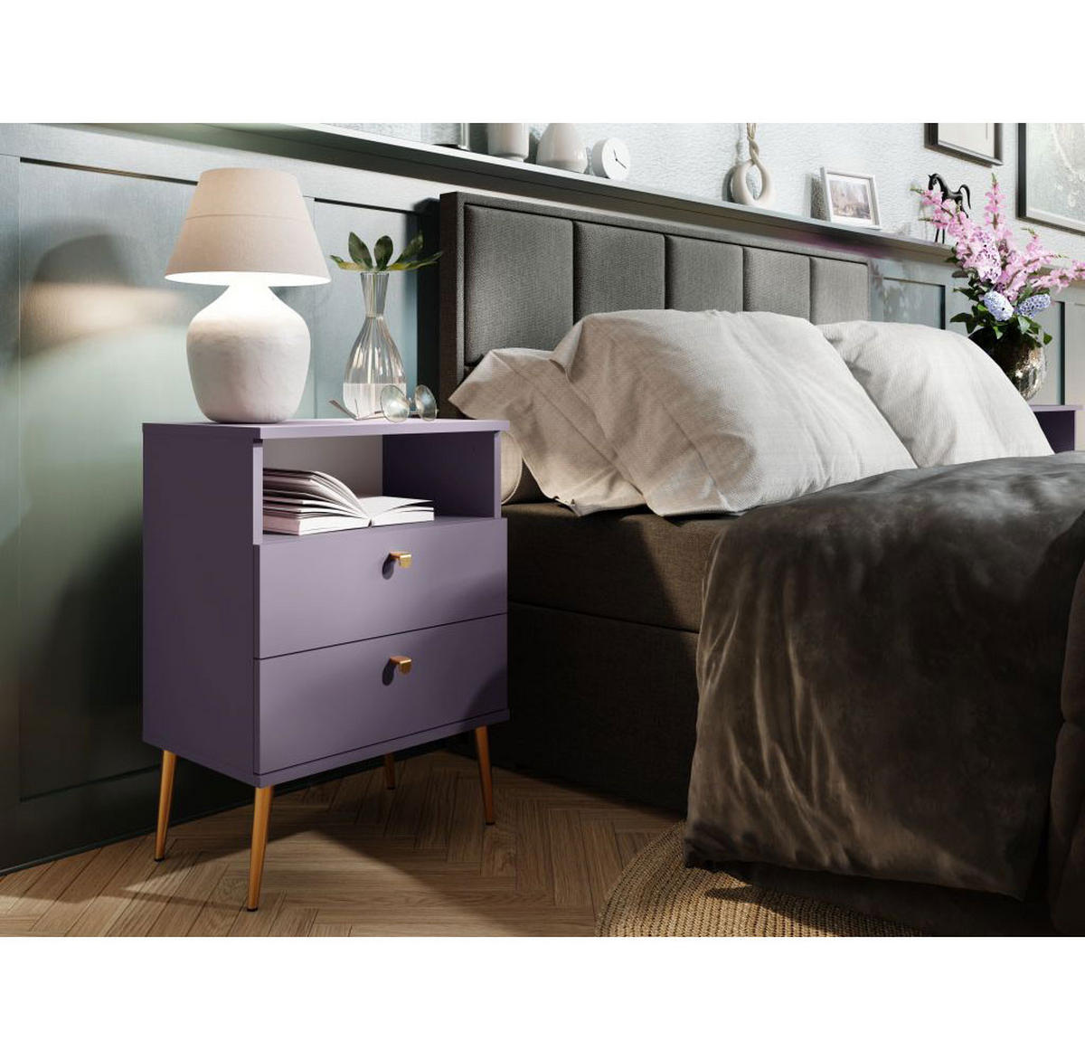NACHTTISCH High pflaumefarben 50 / 34 / 69,5cm - Violett/Goldfarben, Holz/Holzwerkstoff (50/70/34cm) - Feldmann-Wohnen