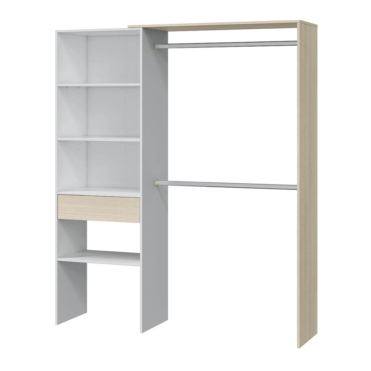 KLEIDERSCHRANK mit weißem Dekor und Eiche - H187 cm - Weiß, Holzwerkstoff (40/187/158cm) - Calicosy