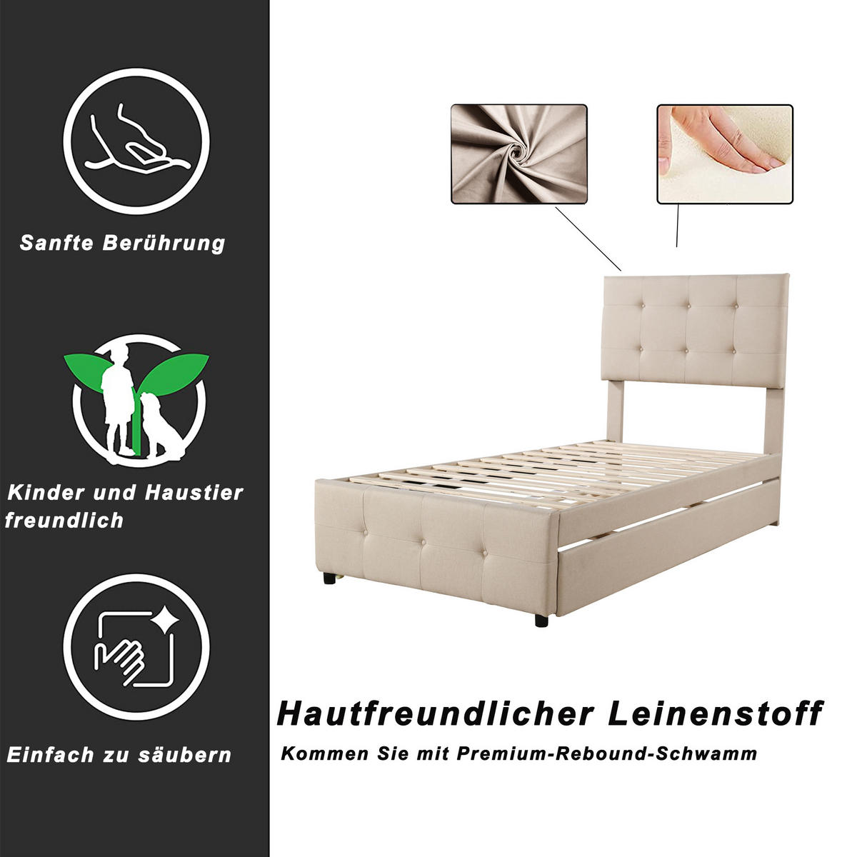 POLSTERBETT 90x200 cm ausziehbar beige - Beige, Textil (90/200cm) - LEBENLANG