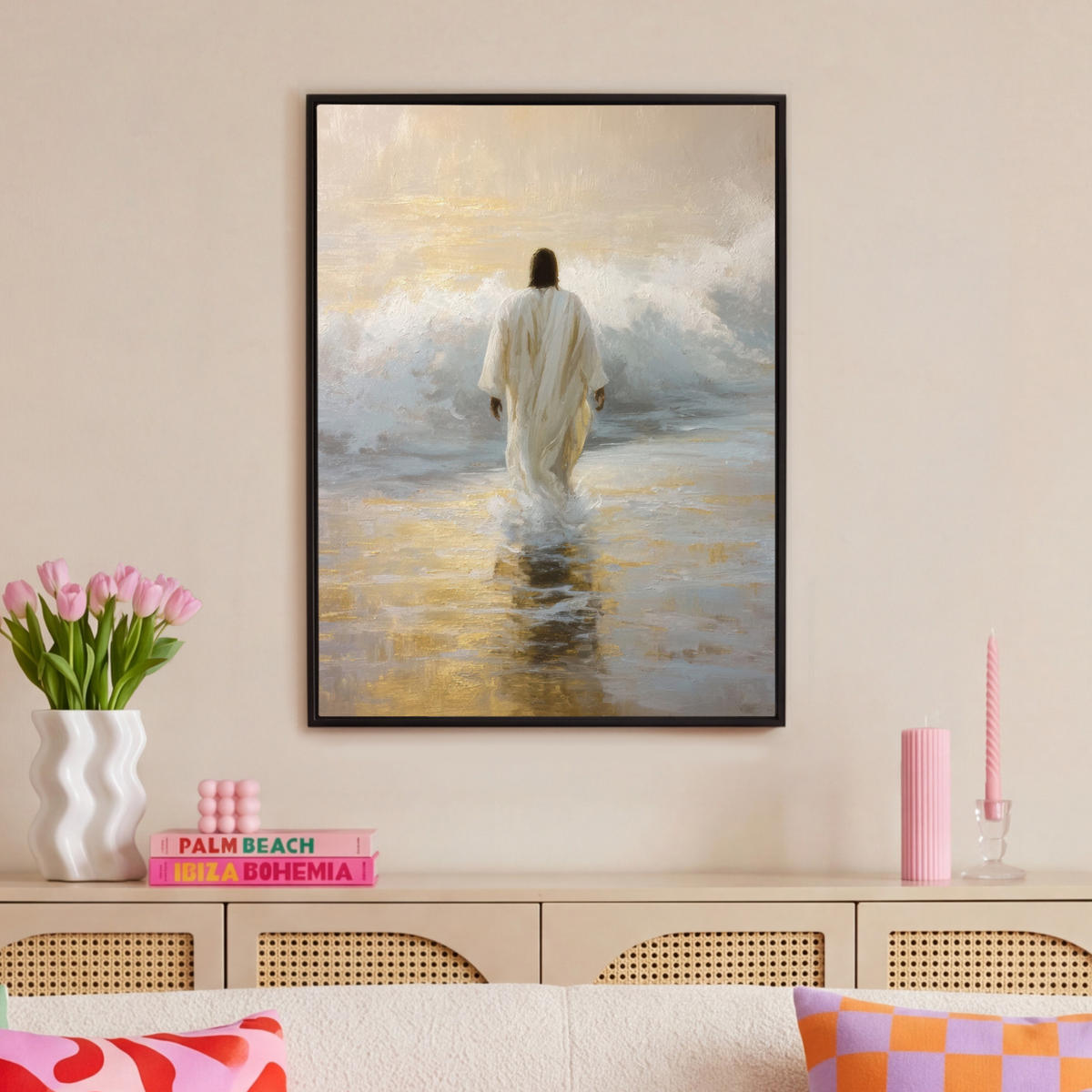 LEINWAND Bilder mit Rahmen - Gemälde - Welle - Jesus - Abstrakt - 70x100 - Goldfarben, Textil (70/100cm) - MuchoWow