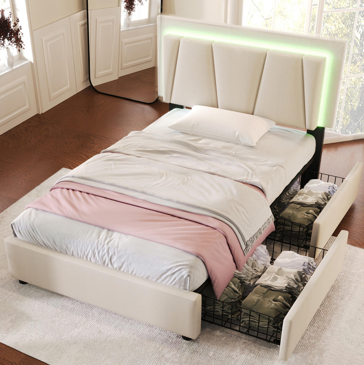 POLSTERBETT 90x200 cm Beige mit Matratze, LED-Beleuchtung, 2 Schubladen und verstellbarem Kopfteil - Beige, Holzwerkstoff (90/200cm) - IVMEU