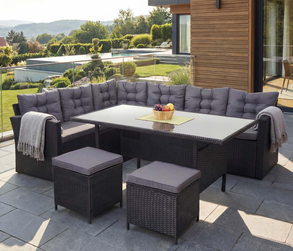 POLY-RATTAN-GARNITUR + HOCKER Schwarz 4er-Set - Schwarz, Kunststoff - MCW