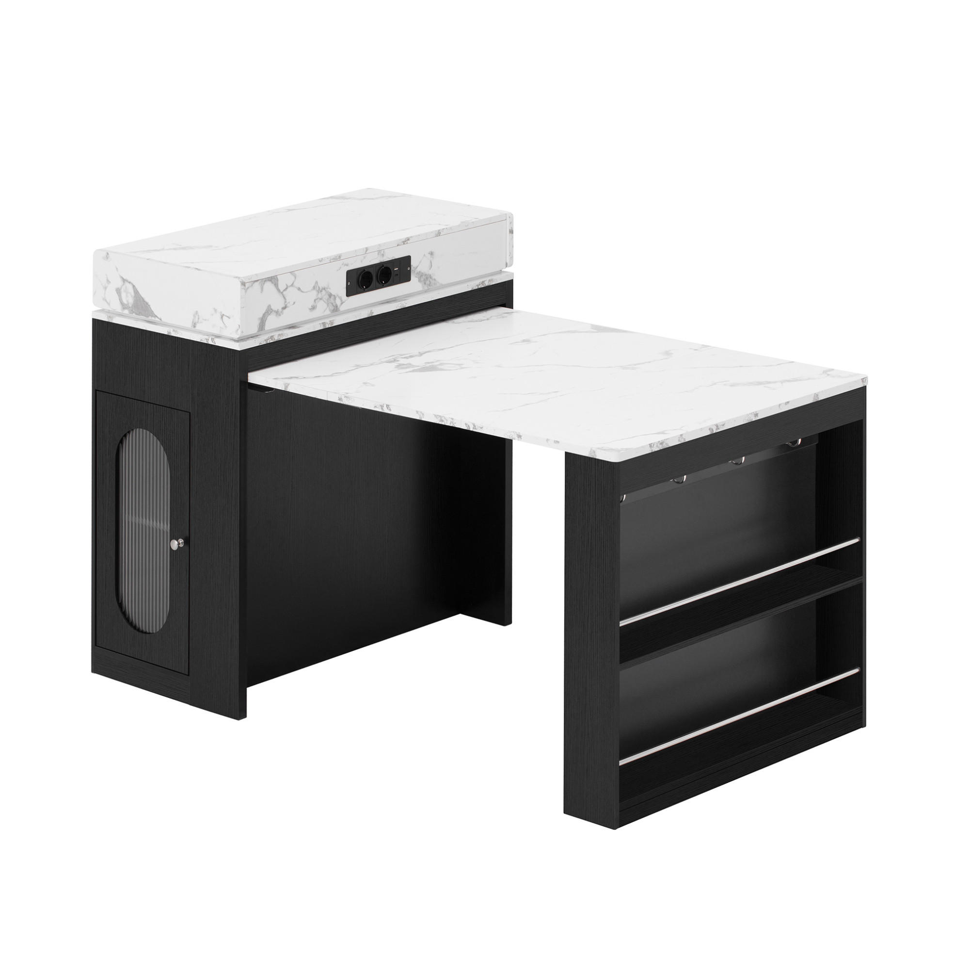 KUCHYŇSKÝ ostrov z MDF a skla 146x83x96 cm černý s rozkládací deskou, zásuvkou, policemi a vestavěnými zásuvkami - černá, kompozitní dřevo (146.5/96/83cm) - Modfu