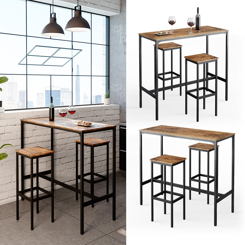 BARTISCH-SET Fyrk Antikholz 120 x 50 cm mit 2 Barhockern - Eichefarben/Schwarz, Holzwerkstoff (120/105/50cm) - Vicco