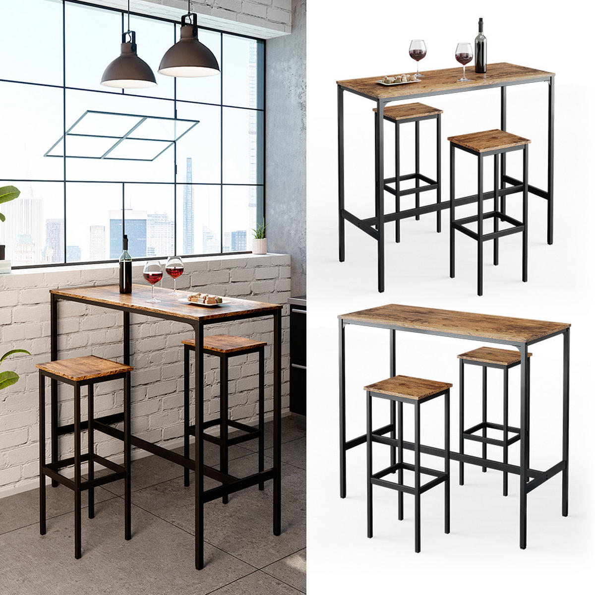 BARTISCH-SET Fyrk Antikholz 120 x 50 cm mit 2 Barhockern - Eichefarben/Schwarz, Holzwerkstoff (120/105/50cm) - Vicco