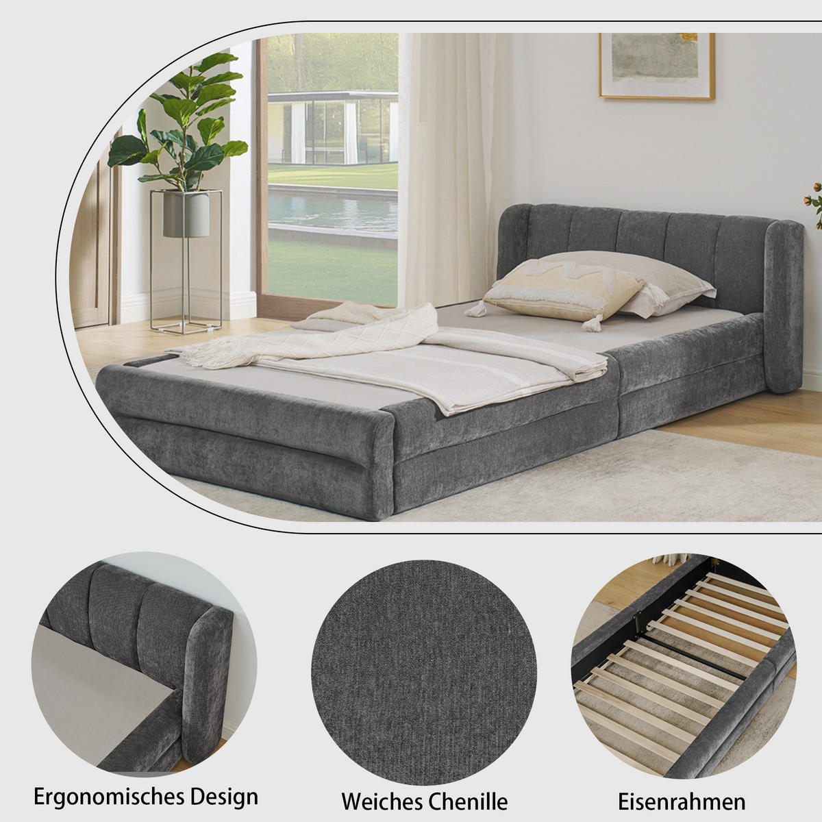 EINZELBETT 90x200 cm Chenille Rückenlehne grau - Dunkelgrau, Kunststoff (90/200cm) - LEBENLANG