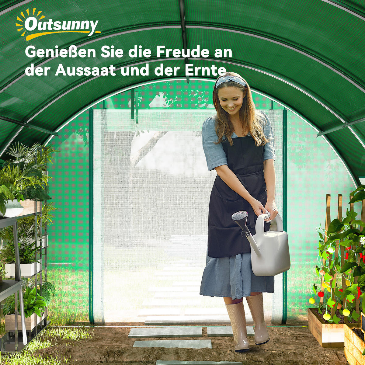 POLYTUNNEL-GEWÄCHSHAUS DE-05710 Mit Sonnenschutznetz & aufrollbaren Seitenwänden Grün - Grün, Kunststoff/Metall (300/198/600cm) - ComfortXL