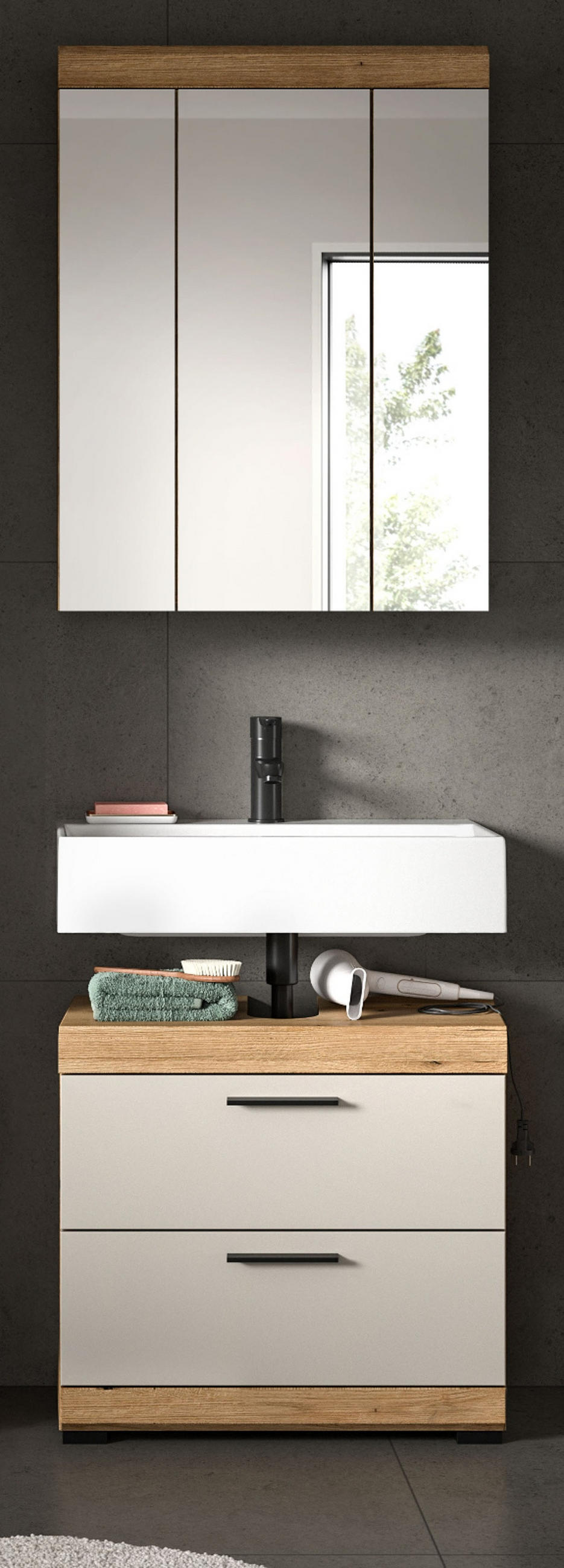 BADMÖBEL Set 2-teilig in Sand Kashmir und Evoke Eiche Badkombination 60 x 191 cm Shawn - Kaschmir/Eichefarben, Glas/Holzwerkstoff (60/191/37cm) - Inn.Furn