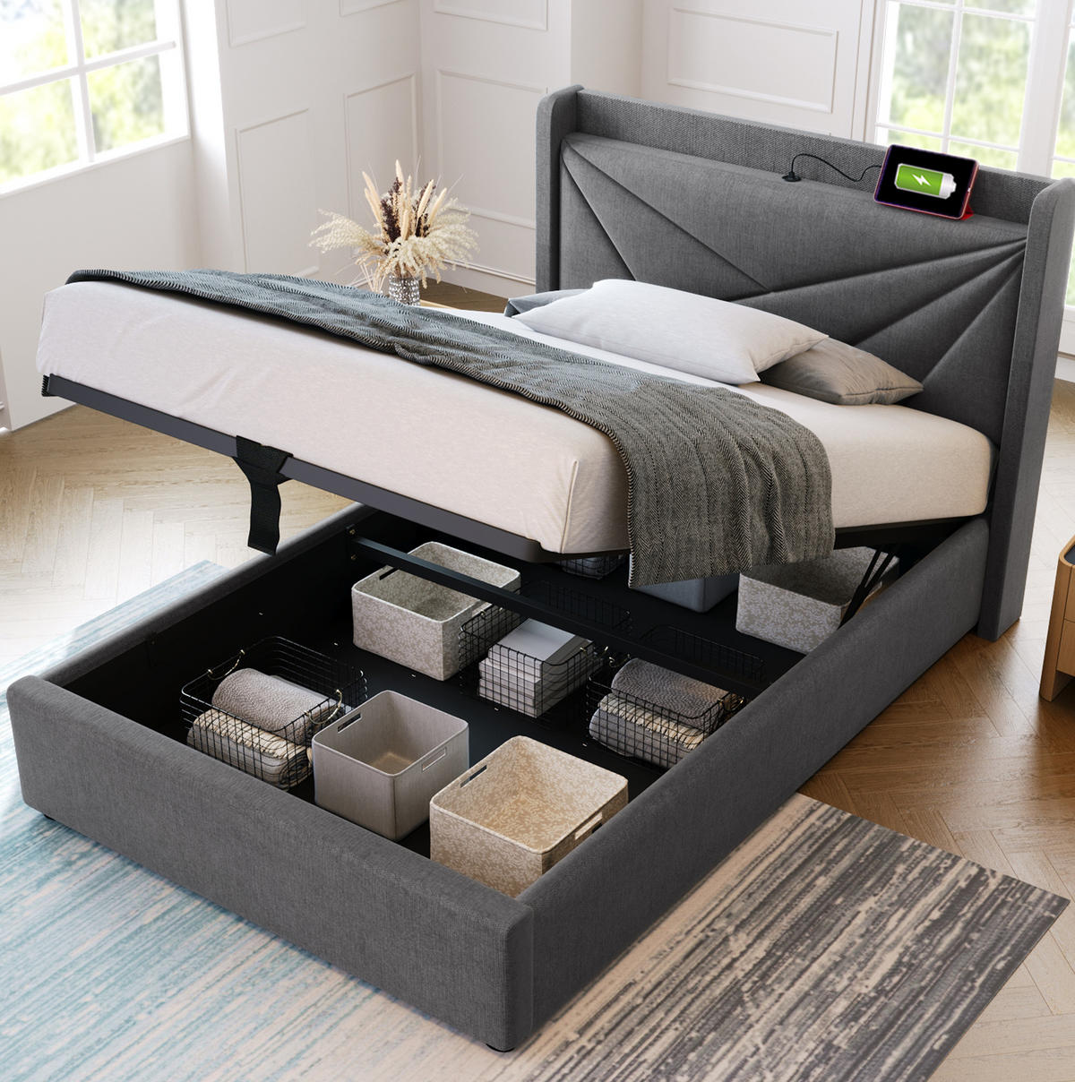 ČALOUNĚNÁ postel 96/208/107 cm šedá, s USB-C, úložným prostorem a matrací - šedá, textil (90/200cm) - BEAOK