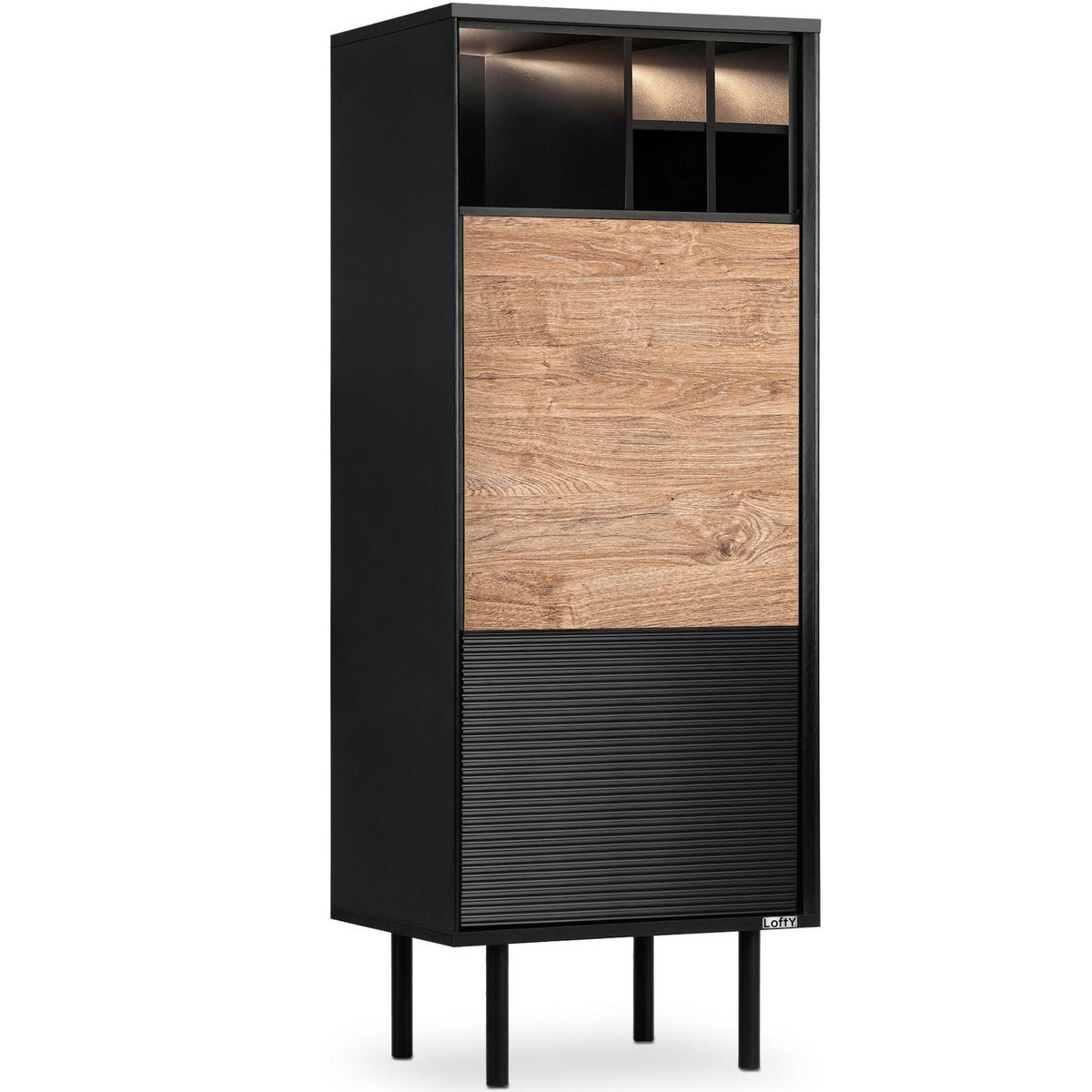 REGALE LOFTY Weineinlage, schwarz / Eiche natur - Eichefarben/Schwarz, Holzwerkstoff (52/135/41cm) - KONSIMO®