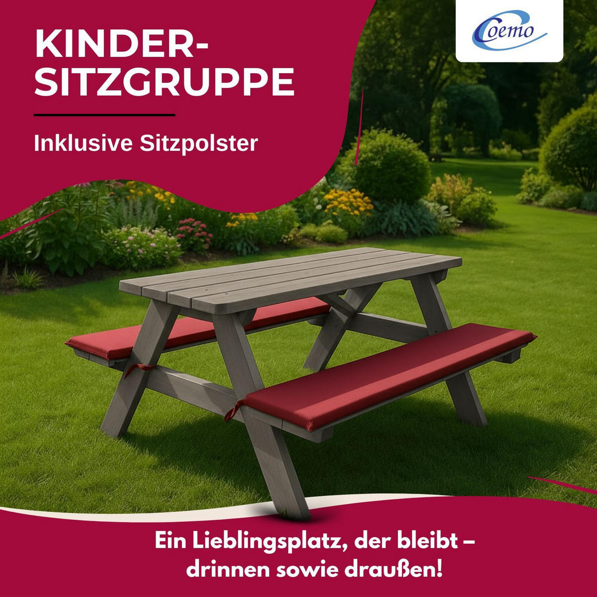 KINDERSITZGRUPPE GARTEN Holz mit Sitzauflagen Farbe Grau 89/79/50 cm - Grau, Holz (79/50/89cm) - Coemo