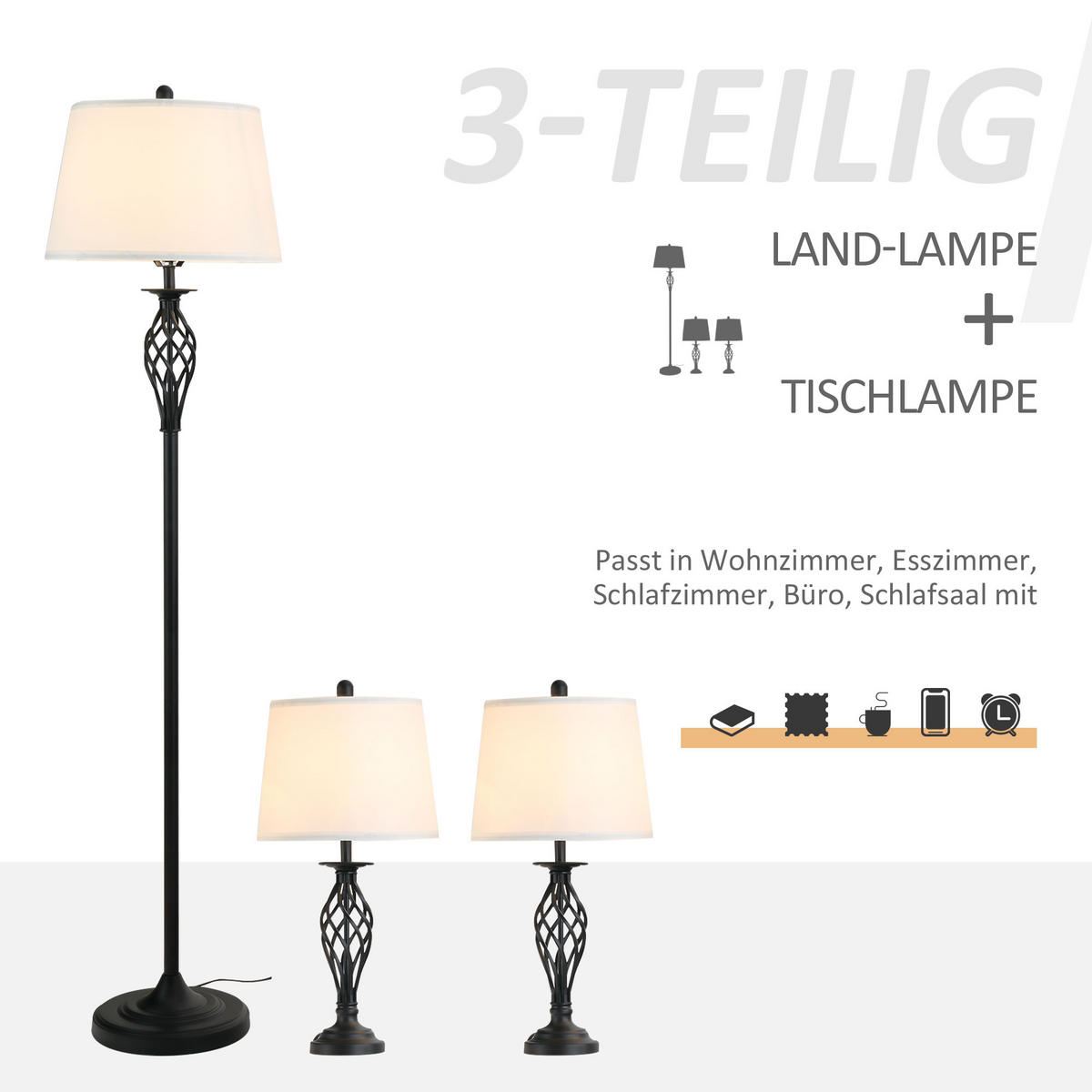 3ER-LAMPENSET 2 Tischlampe(ø38 x 158 cm) + 1 Stehlampe(ø30 x 62 cm) Weiß - Multicolor, Metall (38/158/30cm) - HOMCOM