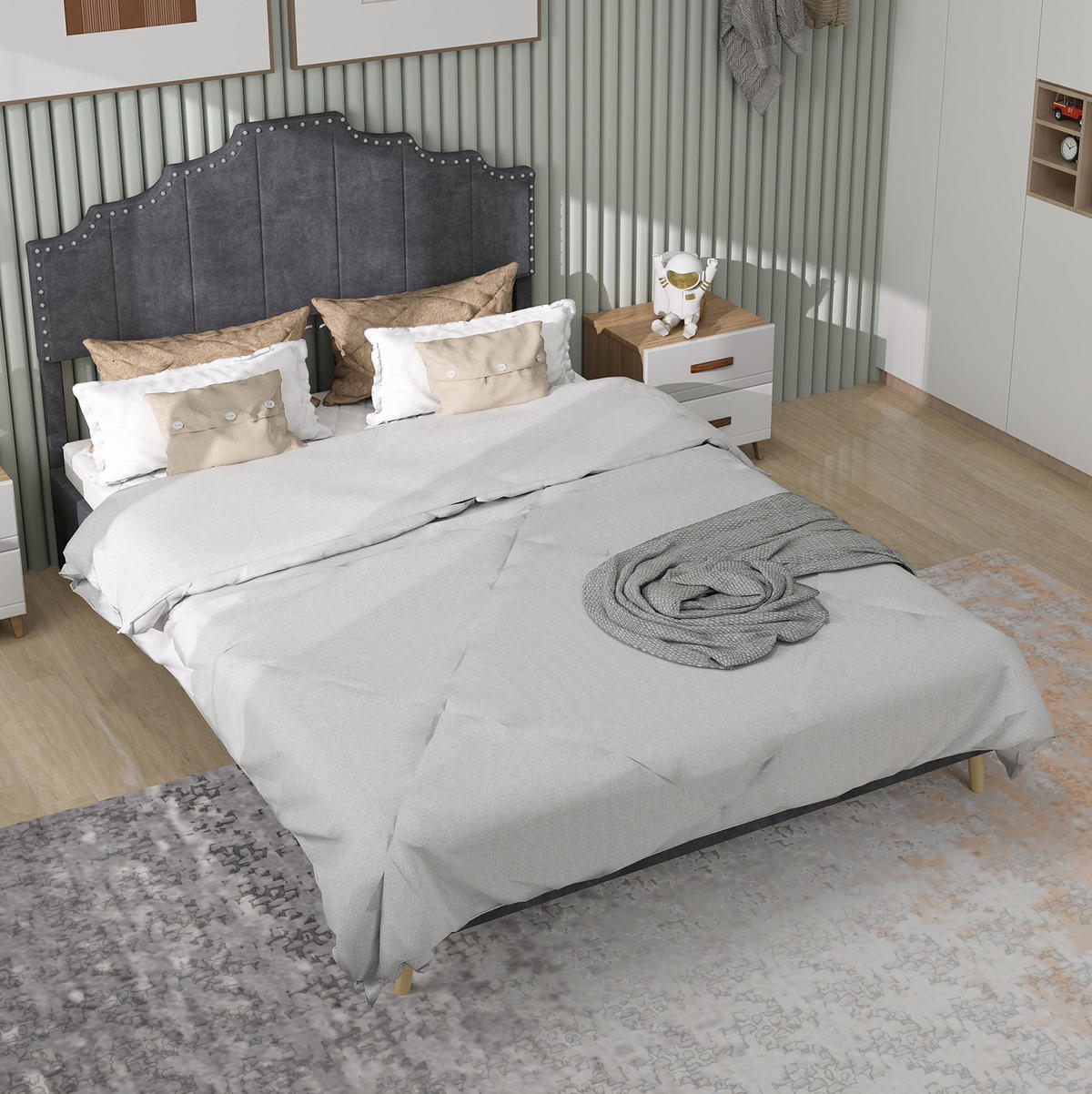 POLSTERBETT 160/200 cm grau aus Stoff und Metall mit gepolstertem Kopfteil - Grau, Textil (160/200cm) - OKWISH