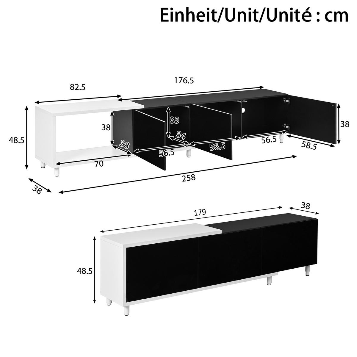 TV-ELEMENTAUSZIEHBARER 258x38x48,5cm TVLowboard Hochglanz SchwarzWeiß - Schwarz, Holz (48.31/22.3/69.01cm) - Raelunyi
