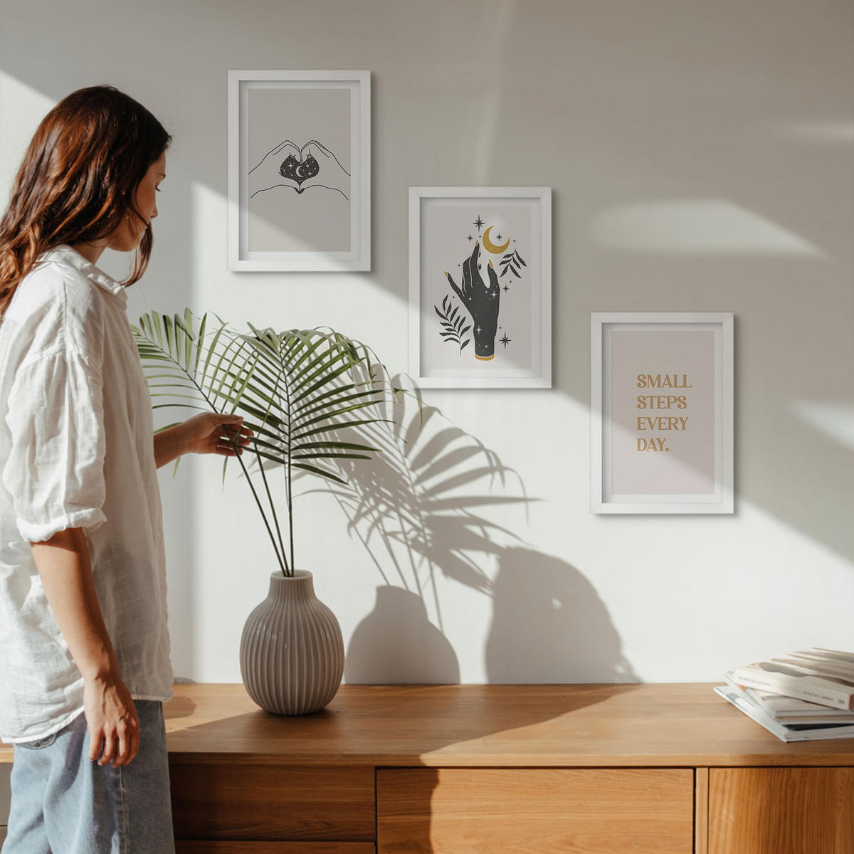 WANDBILDER 3er-Set - 20x30 cm Weißer Rahmen - Minimalistische Boho-Illustrationen - Weiß, Kunststoff (20/30cm) - ArtPrintCave