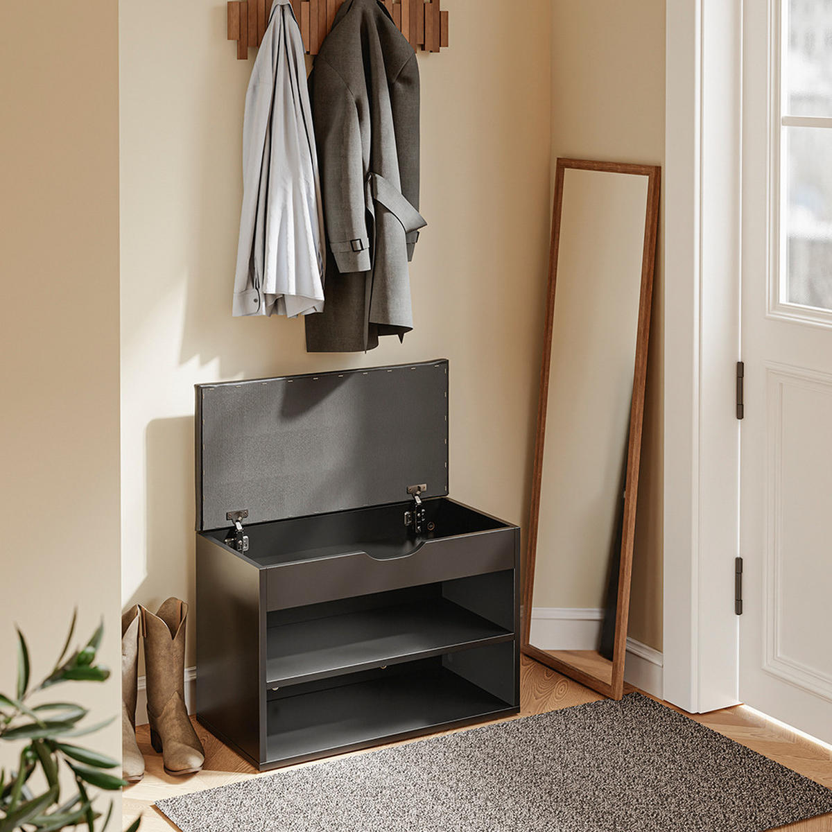 SCHUHBANK mit 2 Ablagen Schwarz 60x30x43cm Modern - Schwarz, Holzwerkstoff (30/43/60cm) - SoBuy