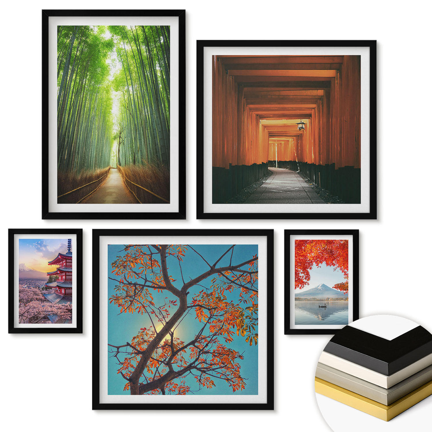 WANDBILDER 5er-Set - 50x50 cm & 20x30 cm & 40x60 cm Schwarzer Rahmen - Meerblick, farbenfrohe Häuser - Schwarz, Kunststoff (40/60cm) - ArtPrintCave