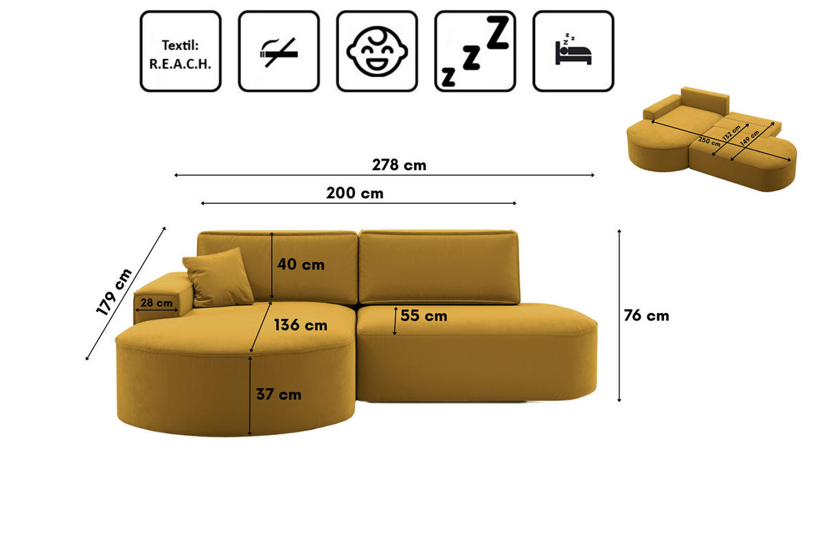 ECKSOFA Modena Pro - Komfort Und Stil Stoff Salvador Gelb Links - Gelb, Holz (278/179cm) - Kaiser Möbel