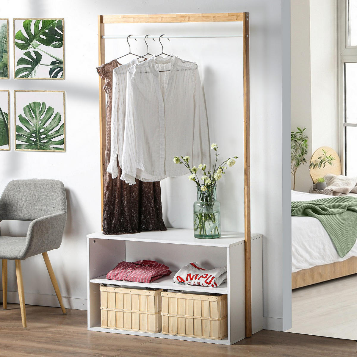 GARDEROBENSTÄNDER mit Stauraum - Weißdekor und Bamboo - L90 cm - Weiß, Holz (40/171/90cm) - Calicosy
