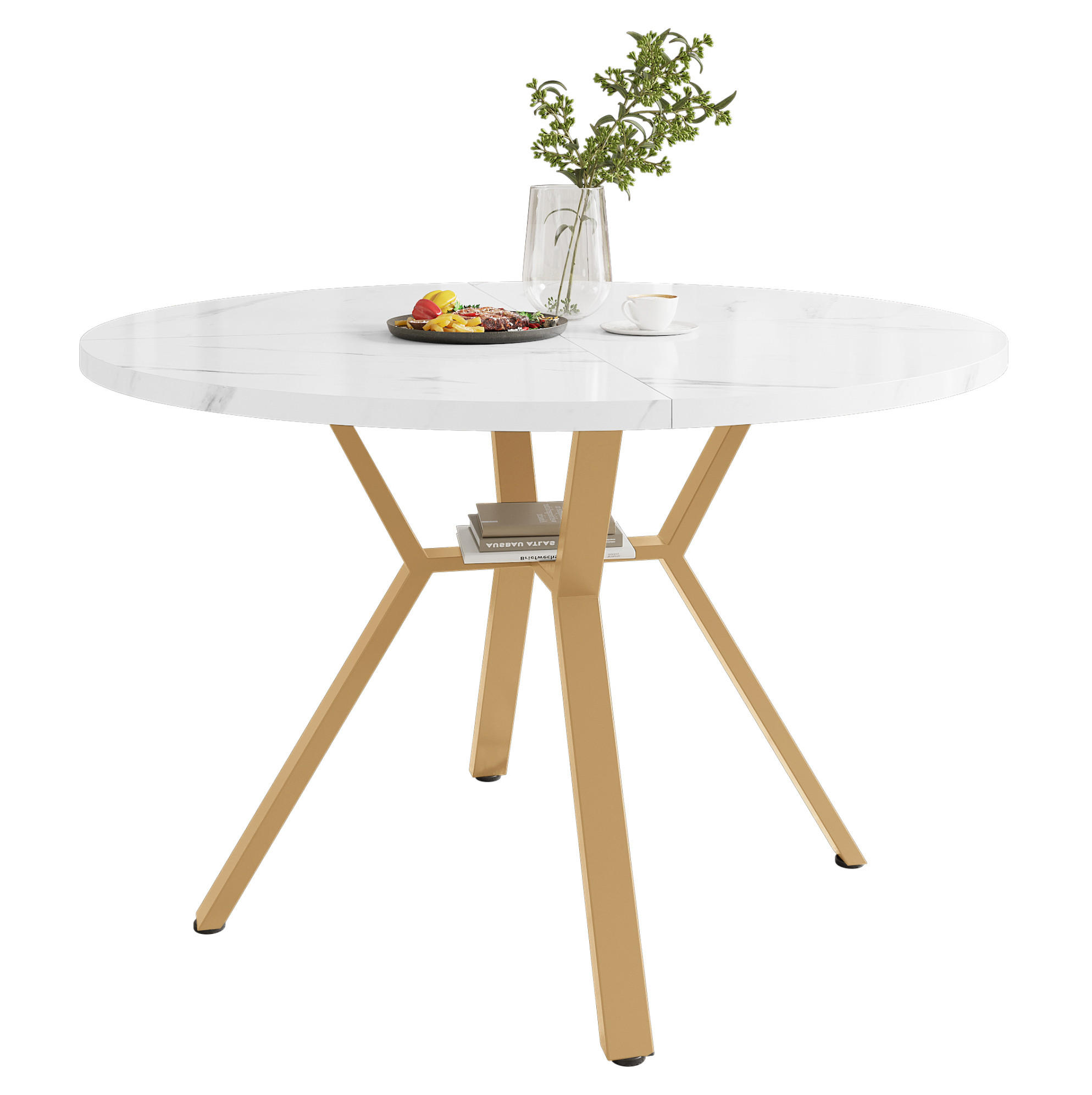 JEDÁLENSKÝ stôl 100 cm MDF biely mramor/zlatý, okrúhly - biela, kompozitné drevo (100/100/75cm) - BEAOK