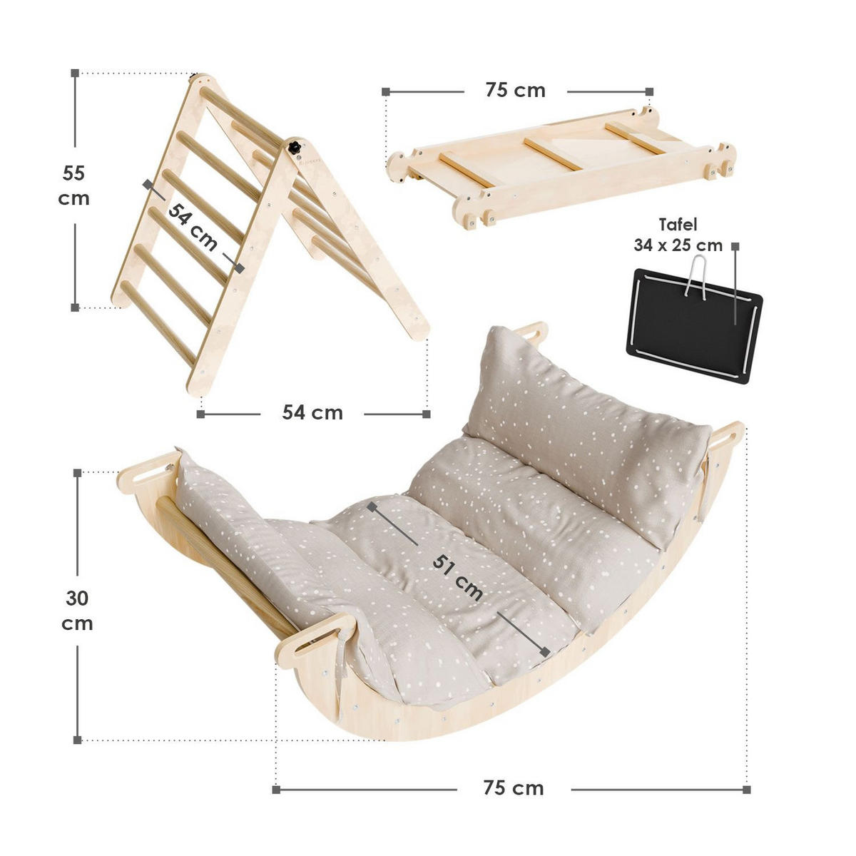 KLETTERDREIECK Movario mit Kissen 80x50cm - Klein - Naturfarben, Holz (54/55/54cm) - Juskys