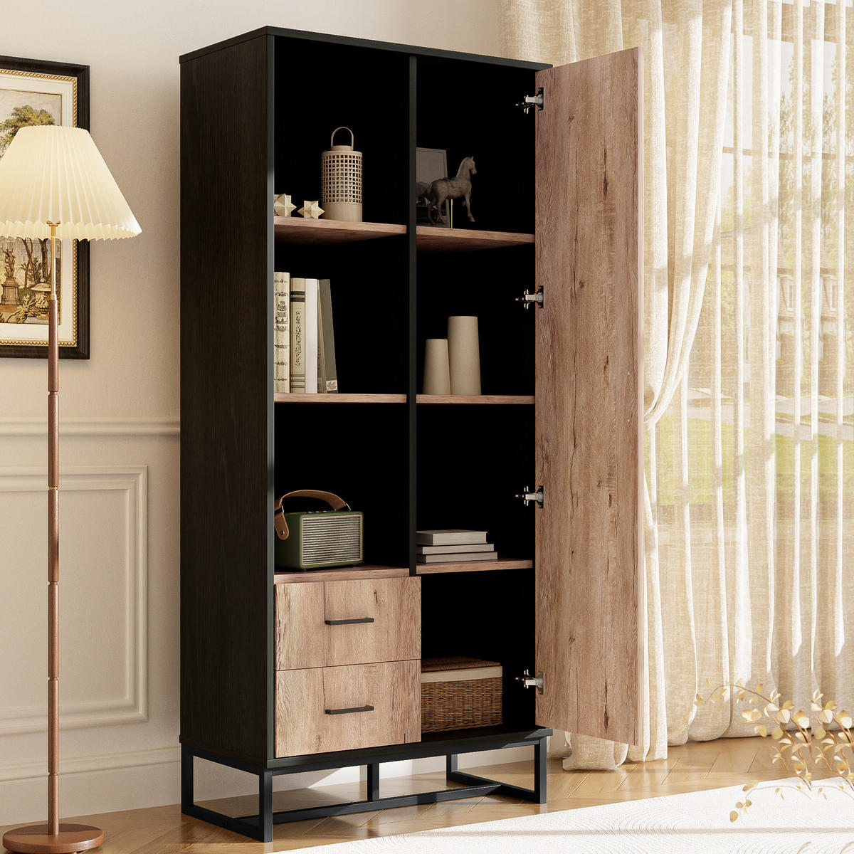 HOCHSCHRANK mit 2 Schubladen und offenen Fächern Schwarz - Schwarz, Holzwerkstoff (40/180/80cm) - Urban Meuble