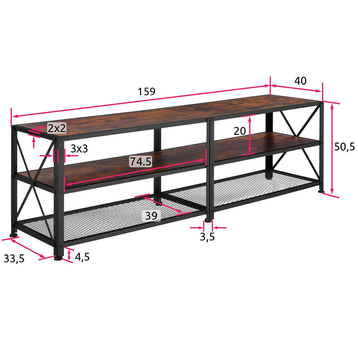 TV-REGAL Indianapolis,161 x 41,5 x 50,5 cm,Industrial Holz dunkel, rustikal - Rostfarben, Holzwerkstoff (41.5/50.5/161cm) - tectake