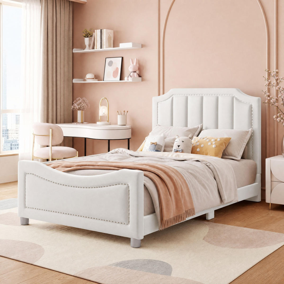 KINDERBETT 90/200 mit Rückenlehne, Armlehne und Lattenrost aus Flanell in Beige - Beige, Holzwerkstoff/Textil (90/200cm) - EVRYAE