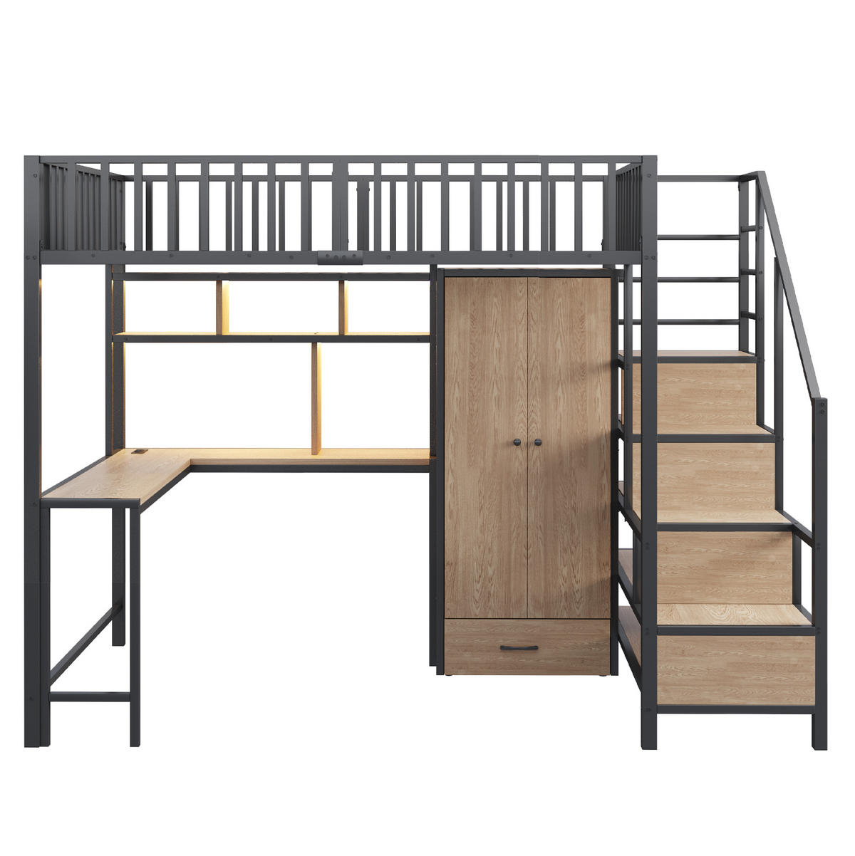 HOCHBETT 140/200 cm mit Schreibtisch, Kleiderschrank, Regalen, LED und Steckdosen, Schwarz - Schwarz, Metall (140/200cm) - Redom