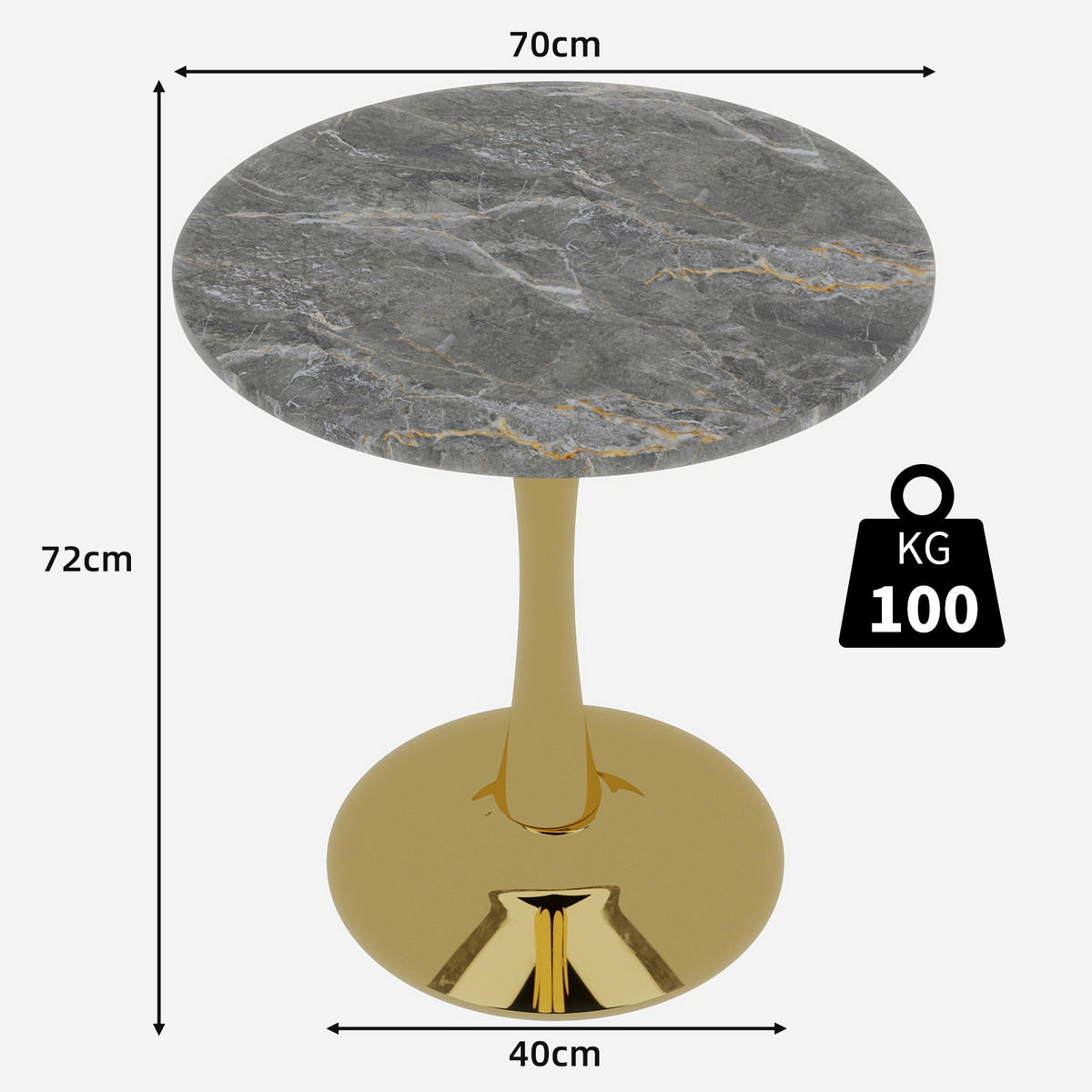 COUCHTISCH in Grau und Gold Wohnzimmertisch mit einer runden Marmor-Tischplatte für Wohnzimmer, B70/T70/H72 cm - Goldfarben, Stein/Metall (70/70/72cm) - STILVORA
