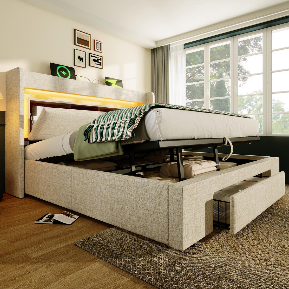 POLSTERBETT 180/200 cm mit LED, USB/USB-C, hydraulischem Stauraum und Schublade, Leinen, Beige - Beige, Textil (180/200cm) - Redom
