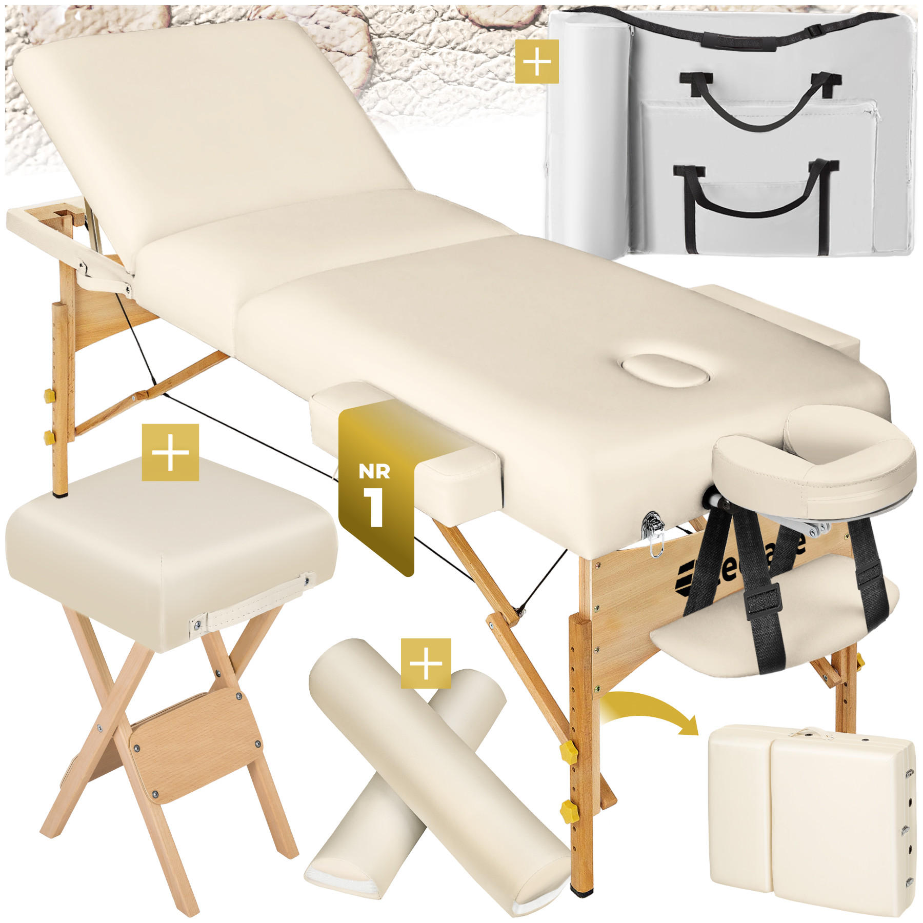 MASSAGELIEGE-SET 3 Zonen, 218 x 102 x 90 cm,beige - Beige, Holz (102/90/218cm) - tectake