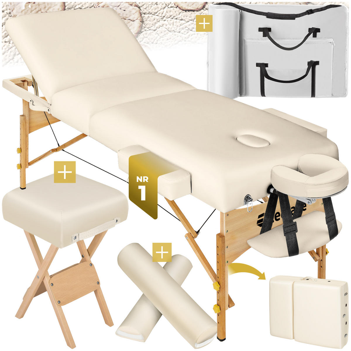 MASSAGELIEGE-SET 3 Zonen, 218 x 102 x 90 cm,beige - Beige, Holz (102/90/218cm) - tectake