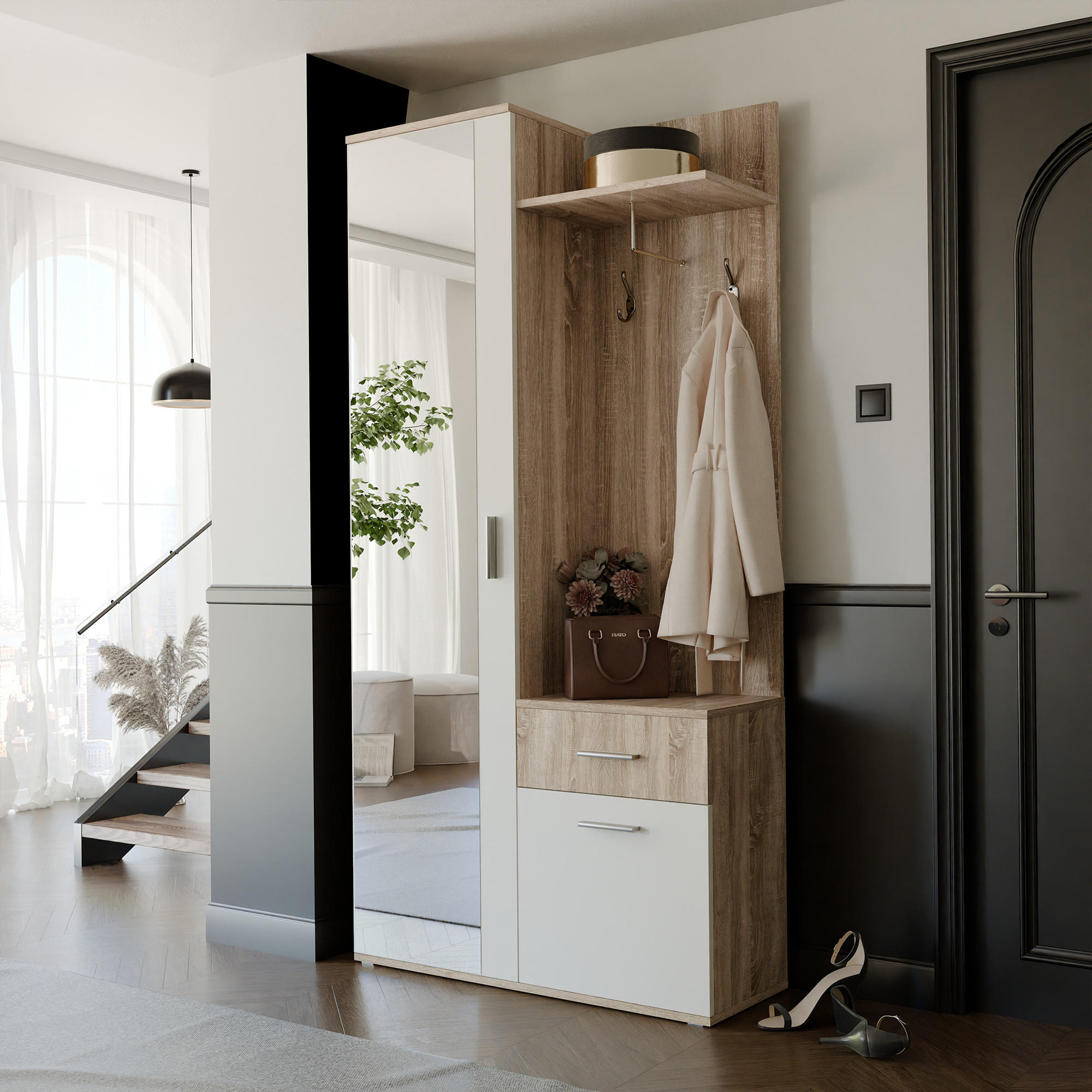 GARDEROBENSCHRANK mit Spiegel-mit Ablagen und Kleiderstange - Braun/Weiß, Holzwerkstoff (97/195/30cm) - Idohome