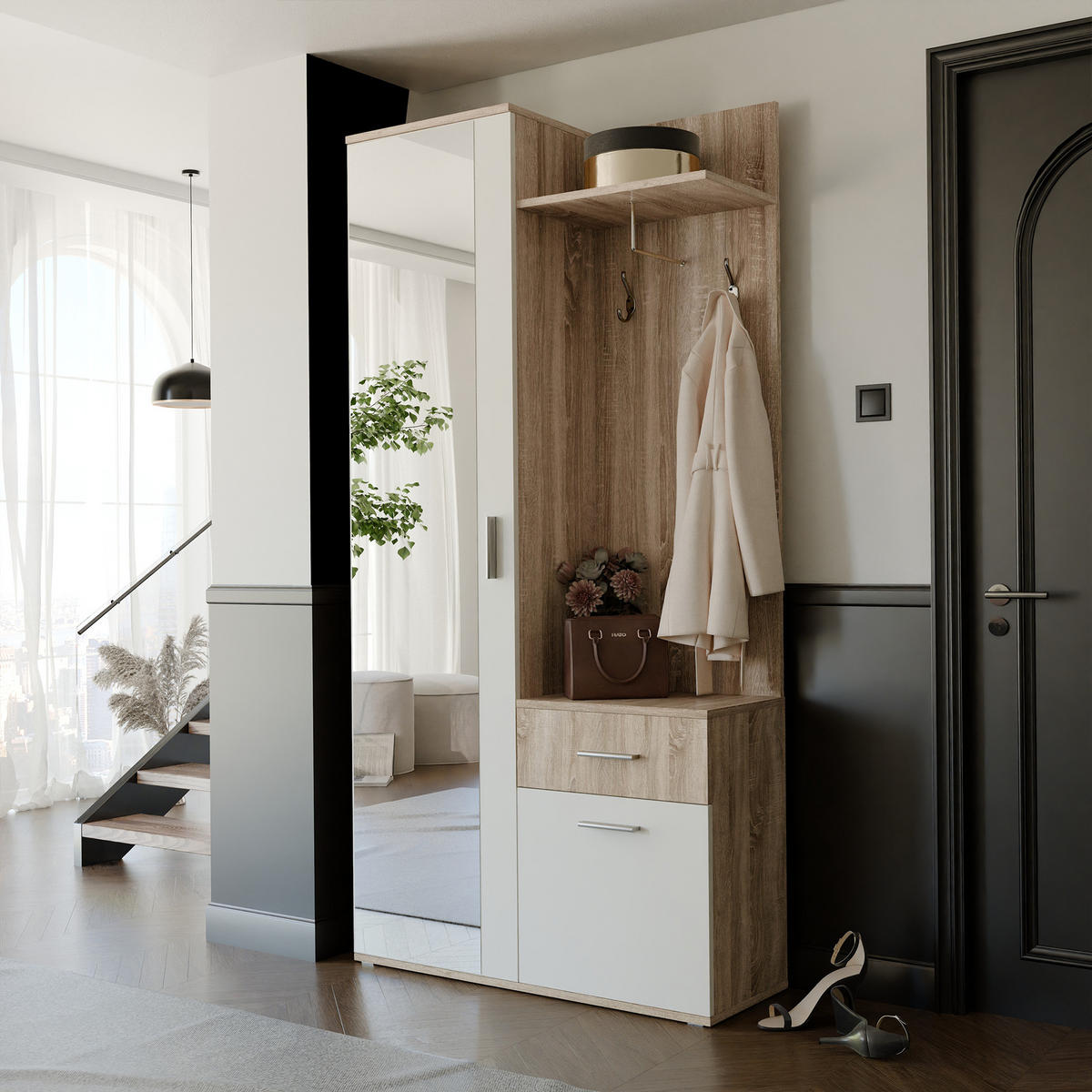 GARDEROBENSCHRANK mit Spiegel-mit Ablagen und Kleiderstange - Braun/Weiß, Holzwerkstoff (97/195/30cm) - Idohome
