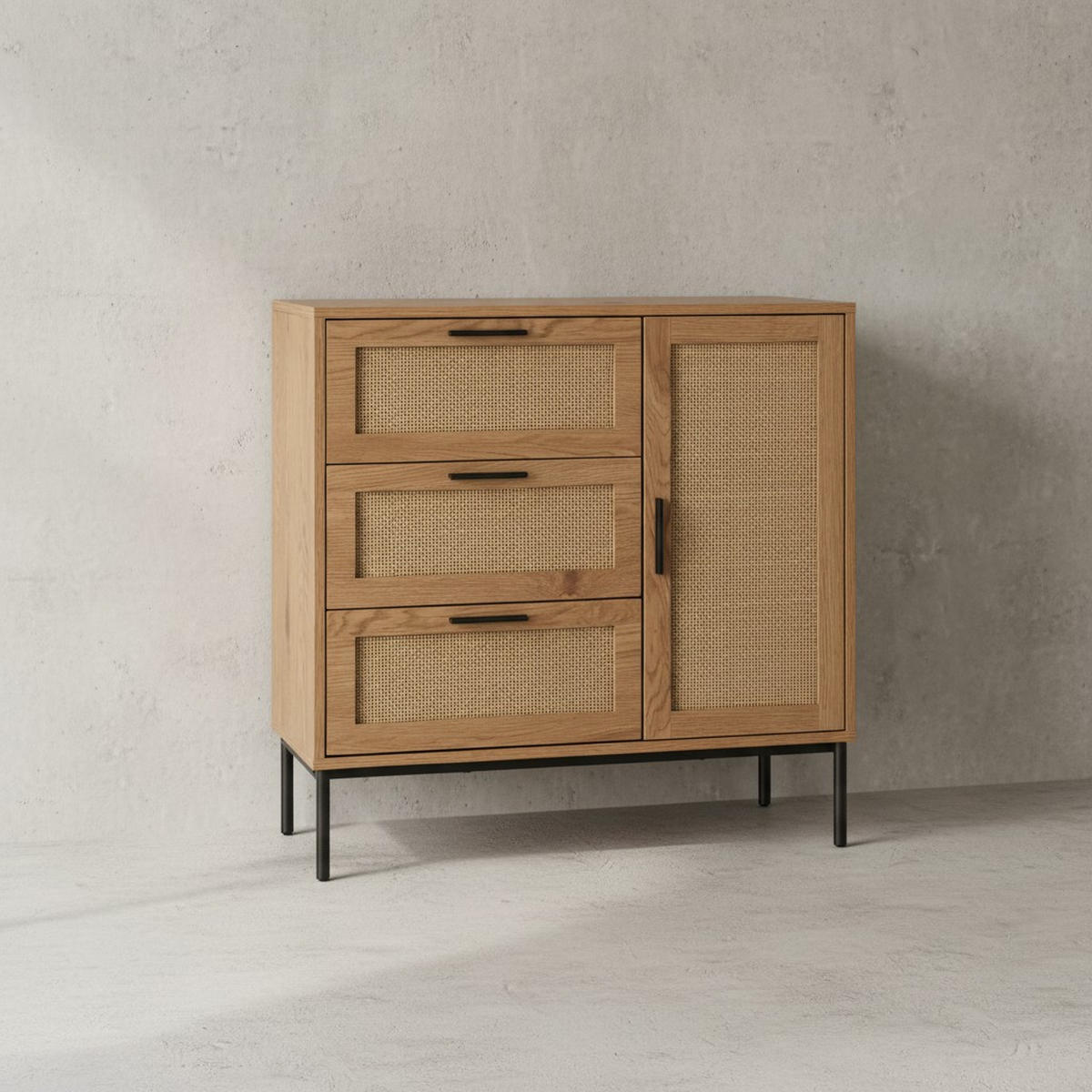 KOMMODE – Eiche-Dekor/Rattan, 80x82x36 cm, 3 Schubladen, 1 Tür, modern - Schwarz/Braun, Holzwerkstoff/Metall (80/82/36cm) - KADIMA DESIGN