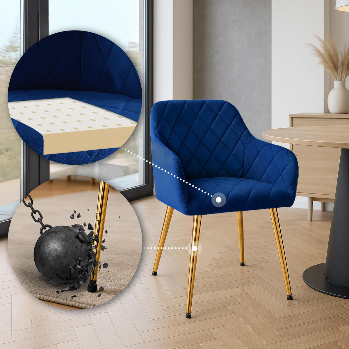 ARMLEHNENSTUHL 2er Set Samt Dunkelblau - Goldfarben/Dunkelblau, Textil (53/83/61cm) - CLP