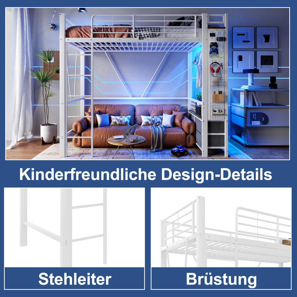 HOCHBETT aus Metall und MDF 90x200 cm Weiß mit LED, USB-C, Steckdose, Lochbrett, Hängestange und 4 Schubladen - Weiß, Metall (90/200cm) - Modfu