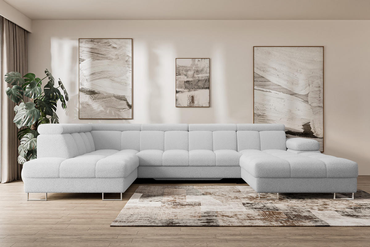 WOHNLANDSCHAFT mit Schlaffunktion und Bettkasten Ottomane Links COMA U 345x203x79 Hellgrau Bouclé - Edelstahlfarben, Holzwerkstoff/Textil (345/79/203cm) - ALTDECOR