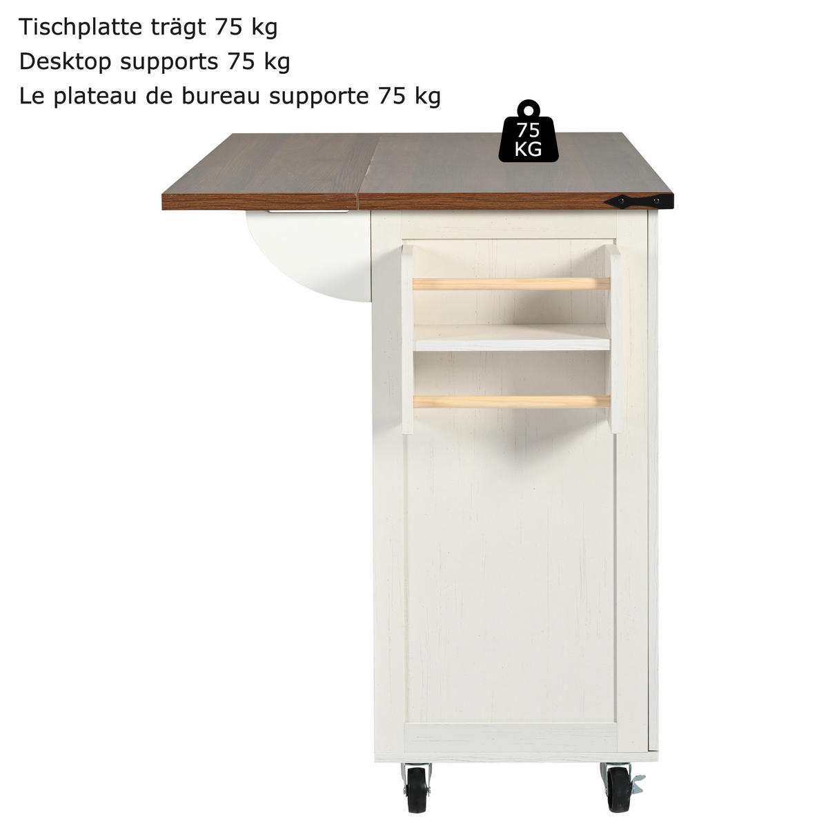 KÜCHENINSEL Holzoptik mit ausziehbarer Platte, 4 Türen & 2 Schubladen - Weiß, Holz (73/92/140cm) - SHOPENTRA