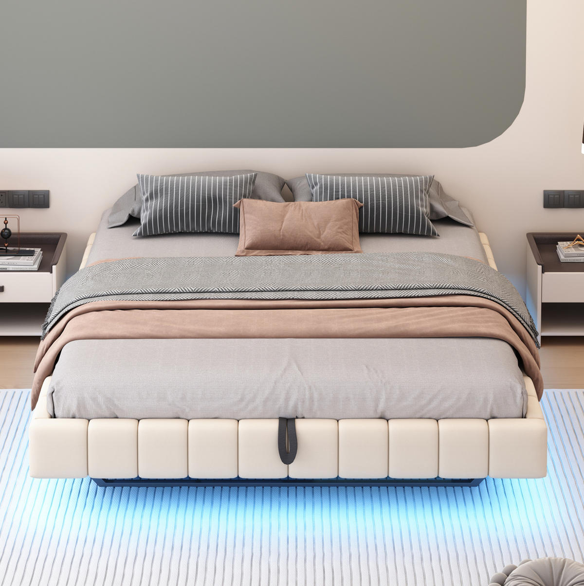 ČALÚNENÁ posteľ z látky 180x200 cm béžová s LED osvetlením, úložným priestorom a bez čela - béžová, textil (180/200cm) - Modfu