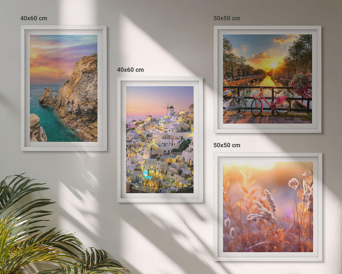 BILDER SET 4er Set - 50x50 cm & 40x60 cm Weißer Rahmen - Sonnenuntergänge am Meer - Weiß, Kunststoff (50/50cm) - TULUP