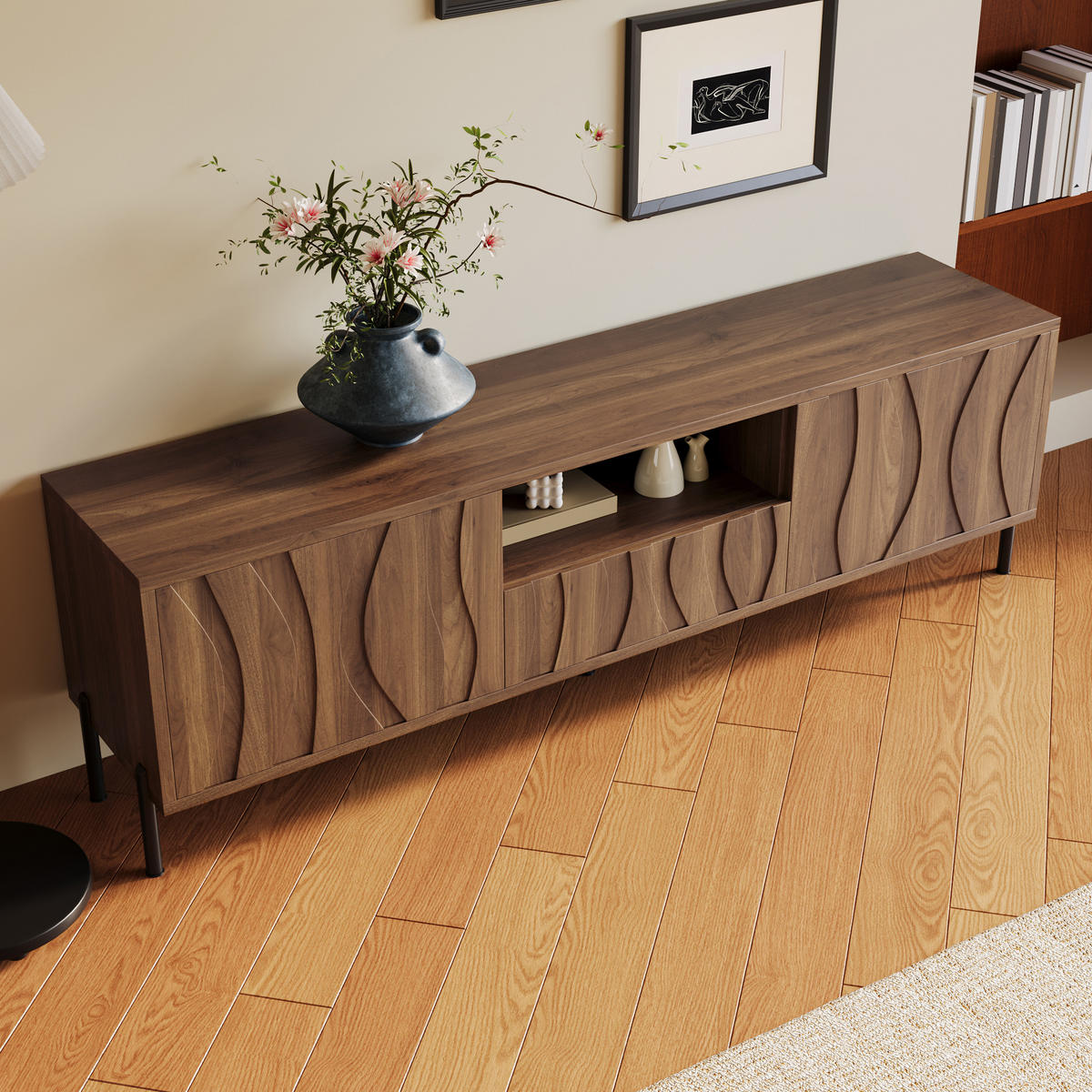 TV-SCHRANK aus MDF 160x35x46 cm Natur mit Kabeldurchführung und Stauraum, wellenförmiges Türdesign - Naturfarben, Holzwerkstoff (160/46/35cm) - Modfu