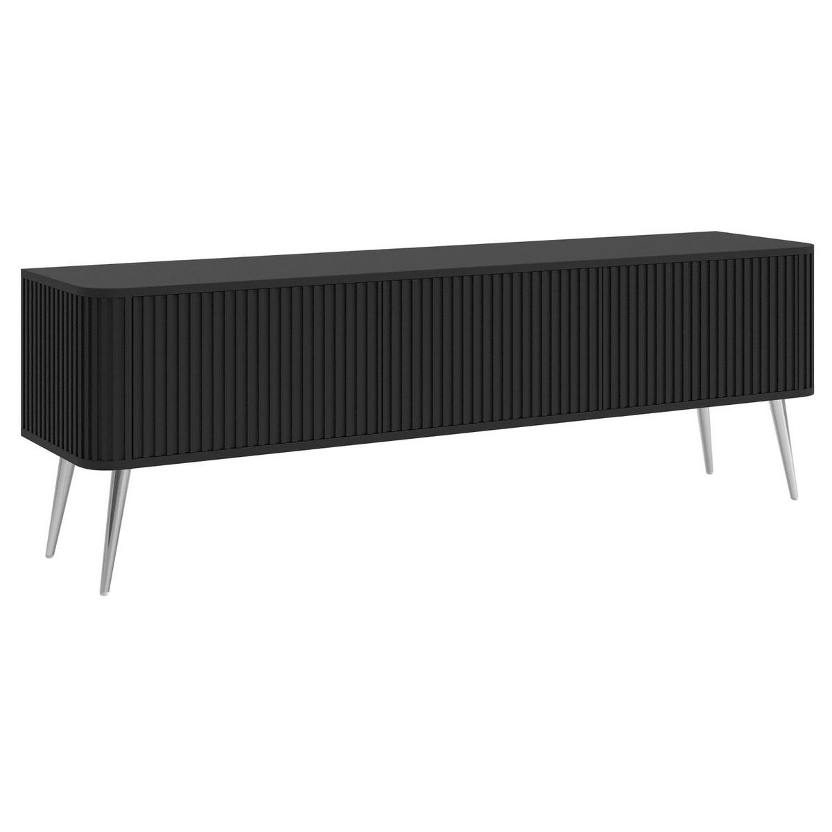 TV stolík Ovarlo čierny s drážkovanými čelami 3-dverový 163/49/38 cm - čierna/strieborná, kov/kompozitné drevo (163.2/49.2/38cm) - Selsey