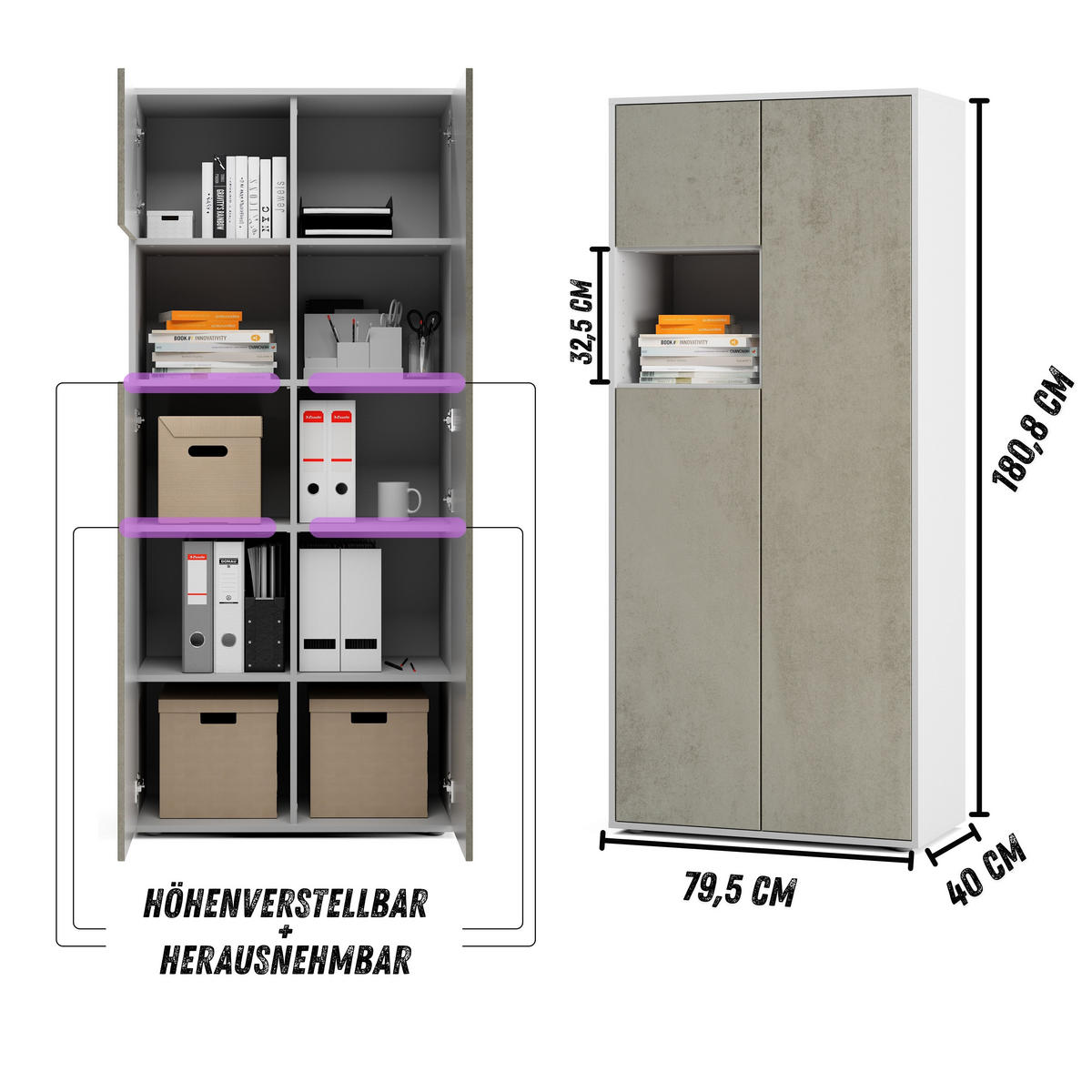 AKTENSCHRANK Amira T10 Beton Oxid 180/80/40 cm - Hellgrau, Holzwerkstoff (80/180/40cm) - SIMPLYFURN