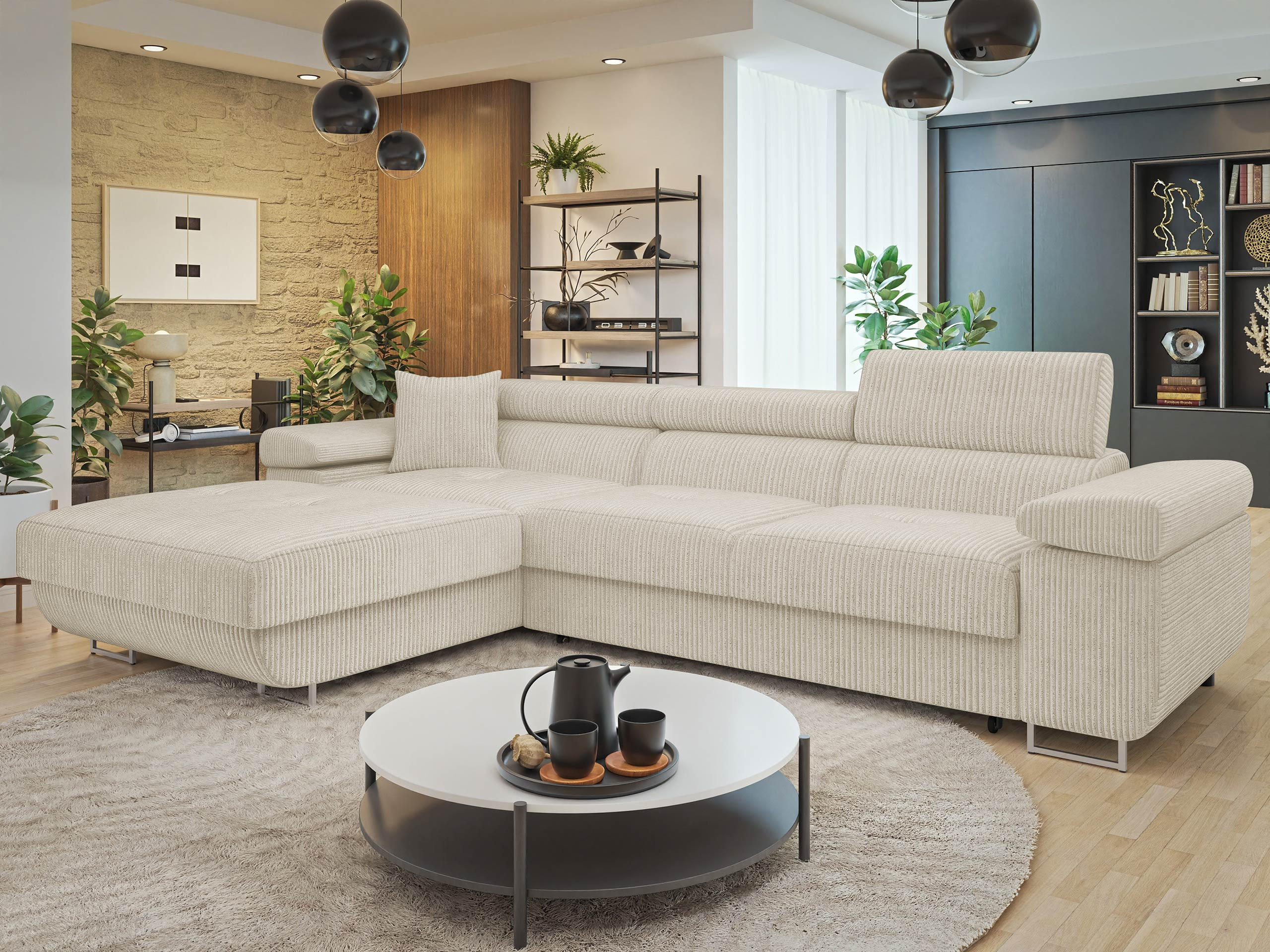 ECKSOFA Torezio Mini Cord, Seite: Links - Beige, Holz/Textil (280/170cm) - MIRJAN24