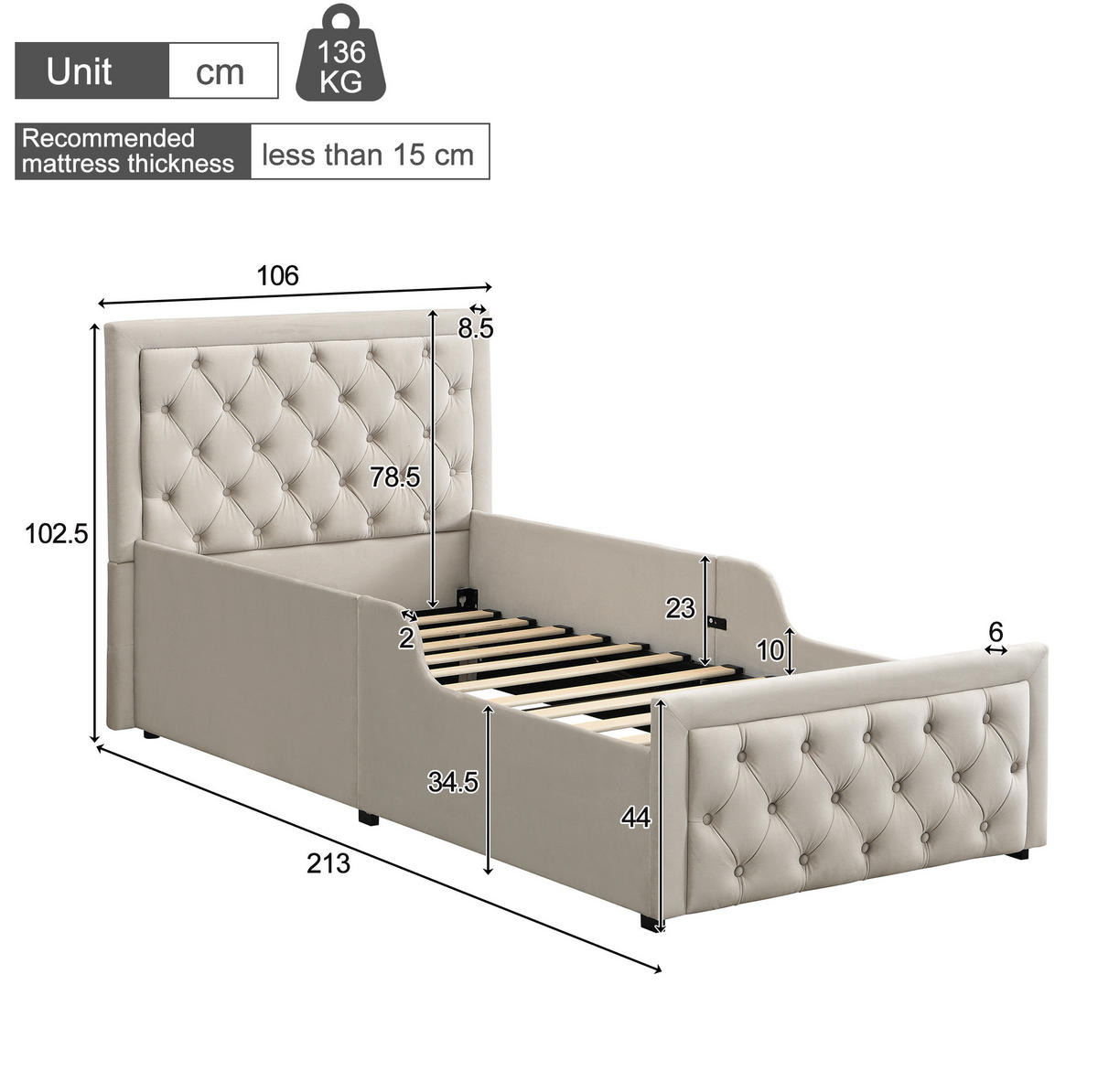 KINDERBETT 90/200 cm aus Samt mit hydraulischem Stauraum Beige - Beige, Holzwerkstoff (90/200cm) - Modenvie