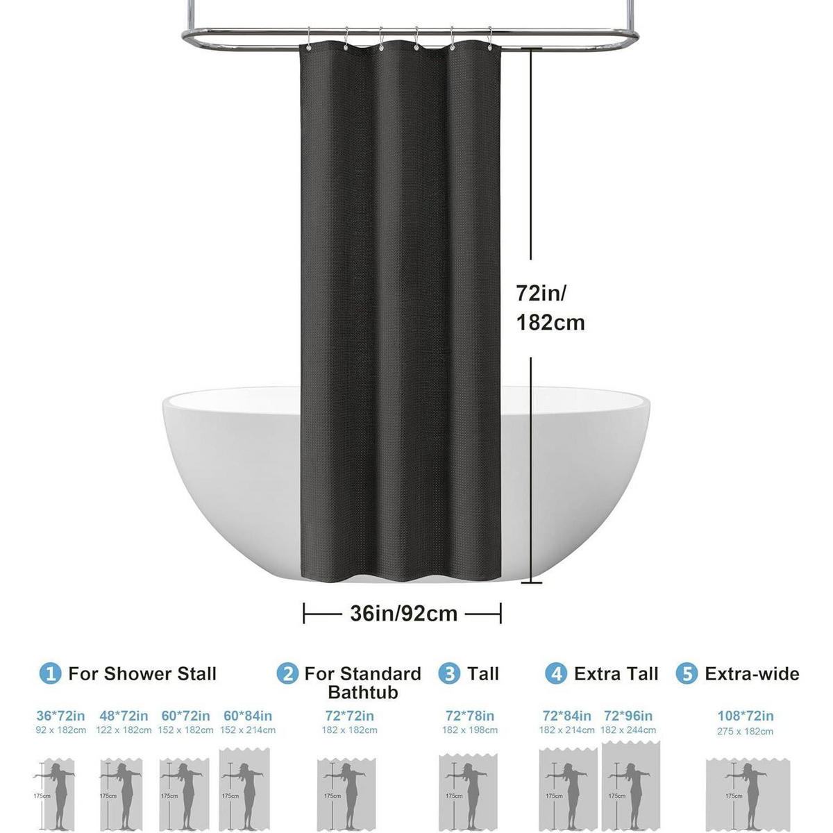 DUSCHVORHANG Waffelstoff Schwarz 92 x 182 cm - Schwarz, Textil (92/182cm)