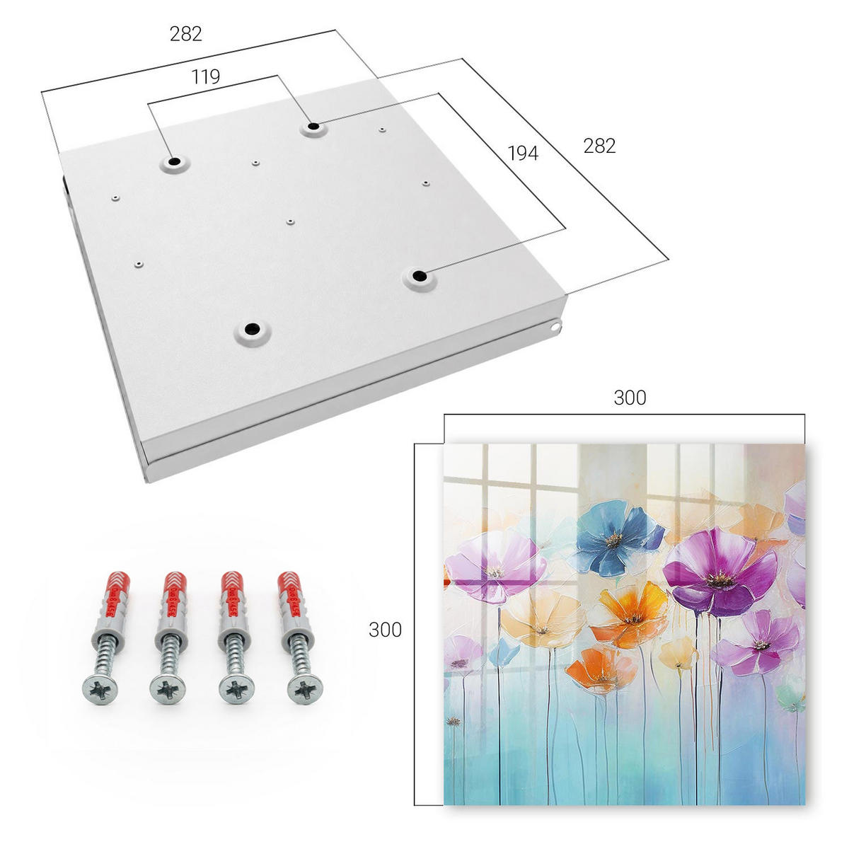 SCHLÜSSELBOX Weiß 30x30 cm – Türöffnung nach rechts - Bunte Blumen - Lila, Metall (30/30/5cm) - TULUP